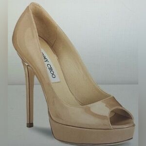 JIMMY CHOO Shaw Nude Patent Leather Peep Toe Platform Slingback Sandals 37.5
